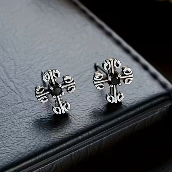 925 Sterling Silver Mens 1ct Black Onyx Cross Stud Earrings Christian Jewelry